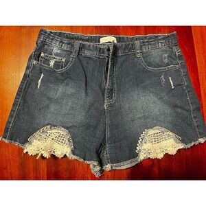 RUE 21 Blue Jean Shorts 13/14 distressed embroidered flowers concert sexy plus